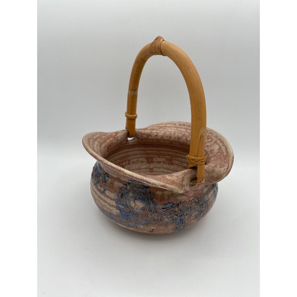 Brooman Handmade Signed Pottery Bowl With Rattan Handle